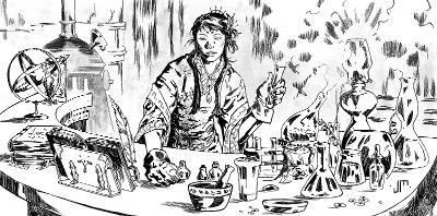 An alchemist preparing potions